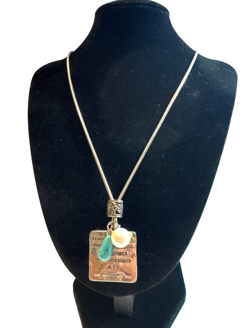 Philippians 4:13 Inspirational Pendant Necklace With Pearl & Turquoise Accents